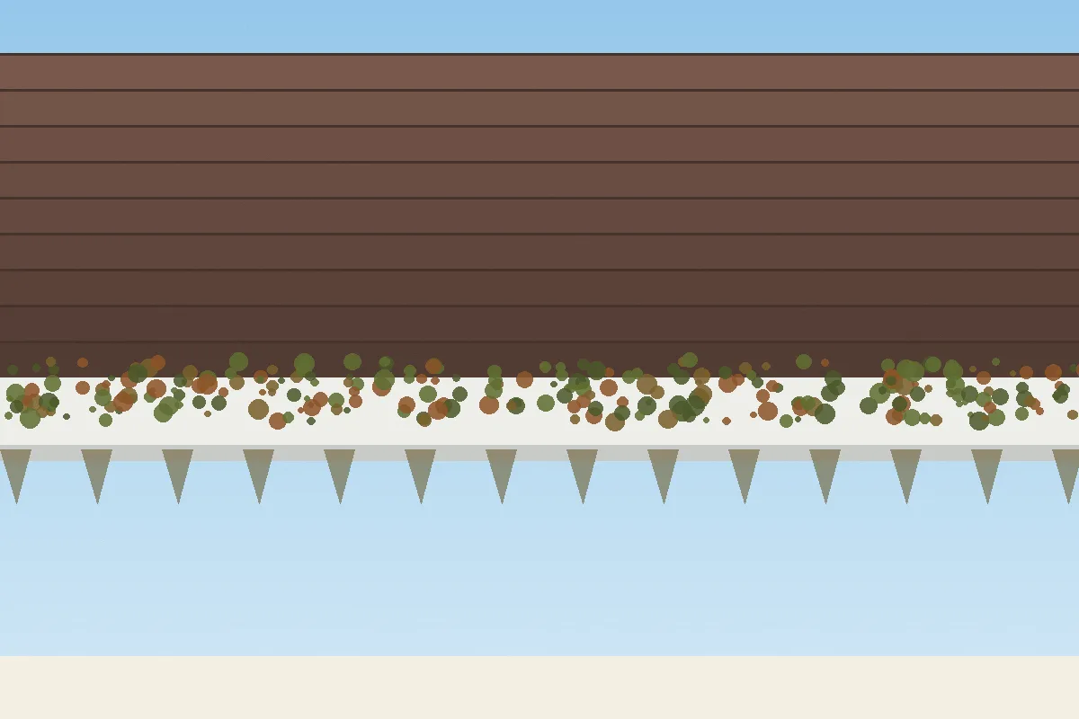 Gutter overflowing with leaves and debris before cleaning